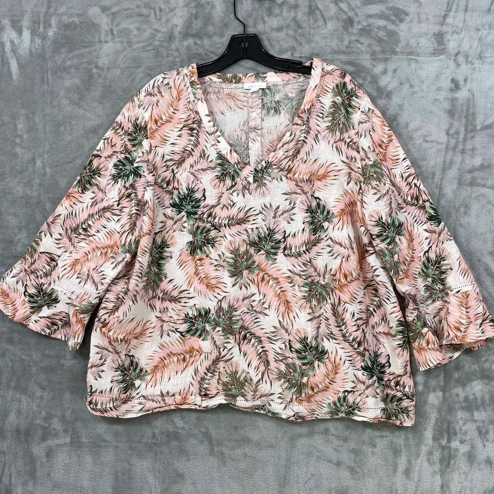 J Jill Love‎ Linen Tropical Leaf Print V Neck Bell Sleeve Tunic Top Size XL